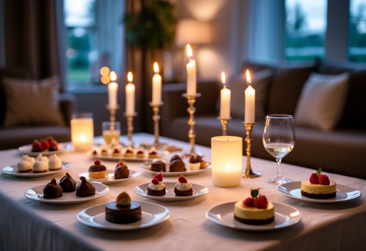 A dessert table at home with various small desserts and lit candles creating a warm, cozy atmosphere.