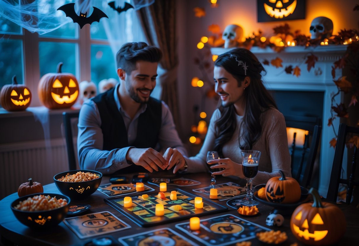 A couple enjoying a Halloween-themed game night in a cozy, decorated room with candles, pumpkins, and spooky decorations.