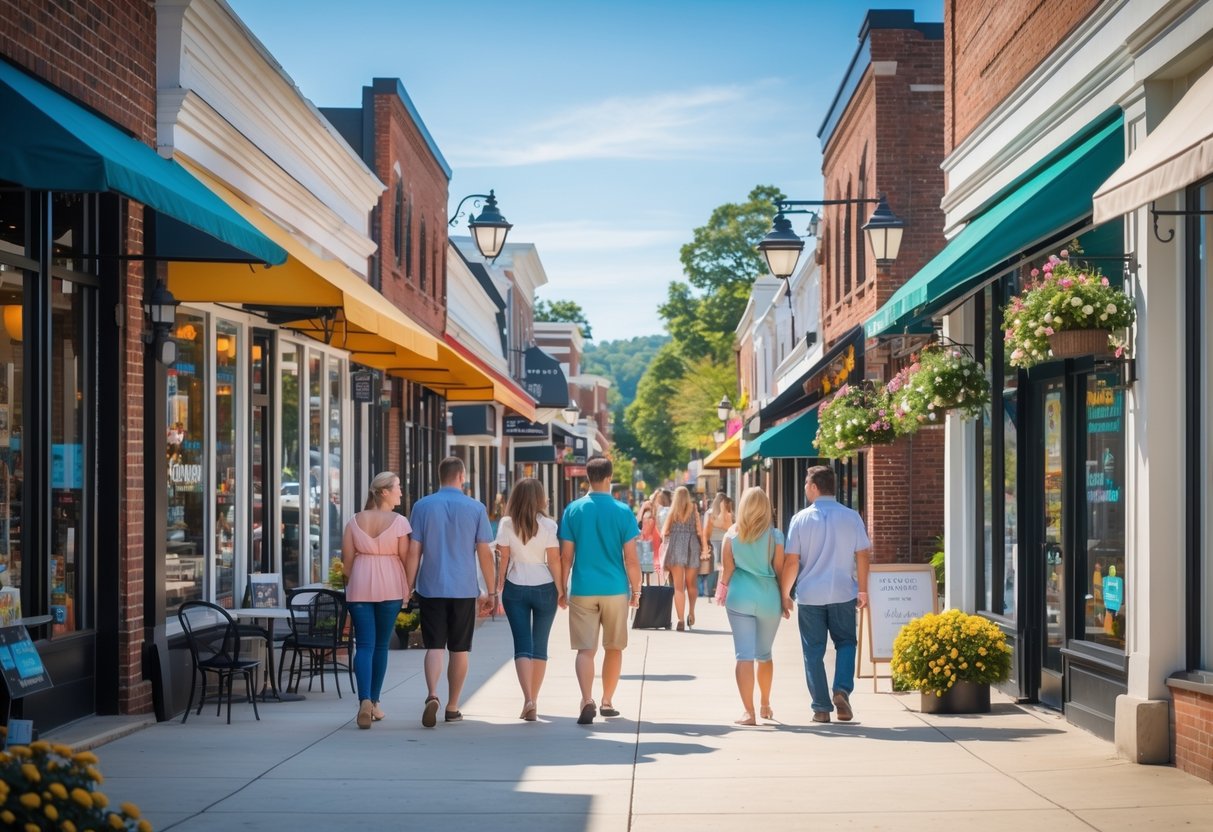 Couples and friends walking along a sunny downtown street with shops, cafes, and outdoor seating in Hickory, North Carolina.