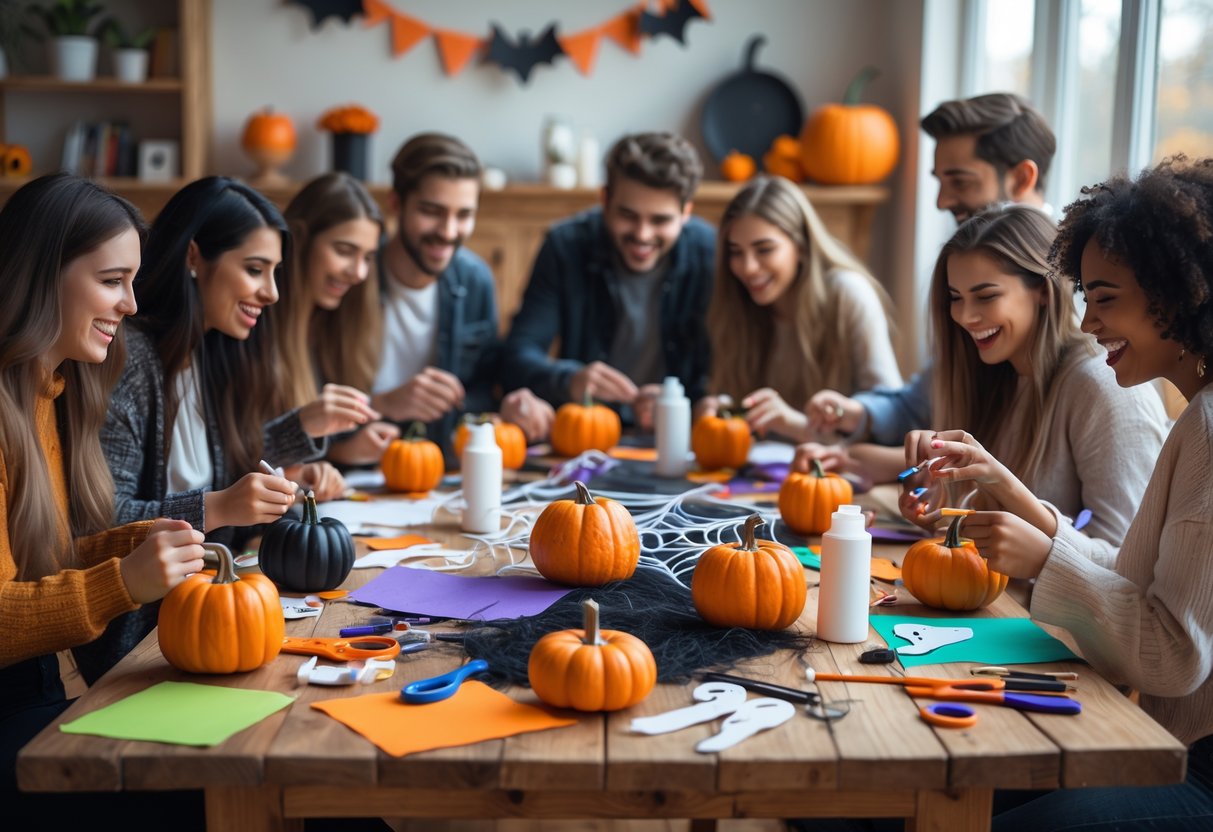 A group of young adults making Halloween decorations together around a table filled with craft supplies.