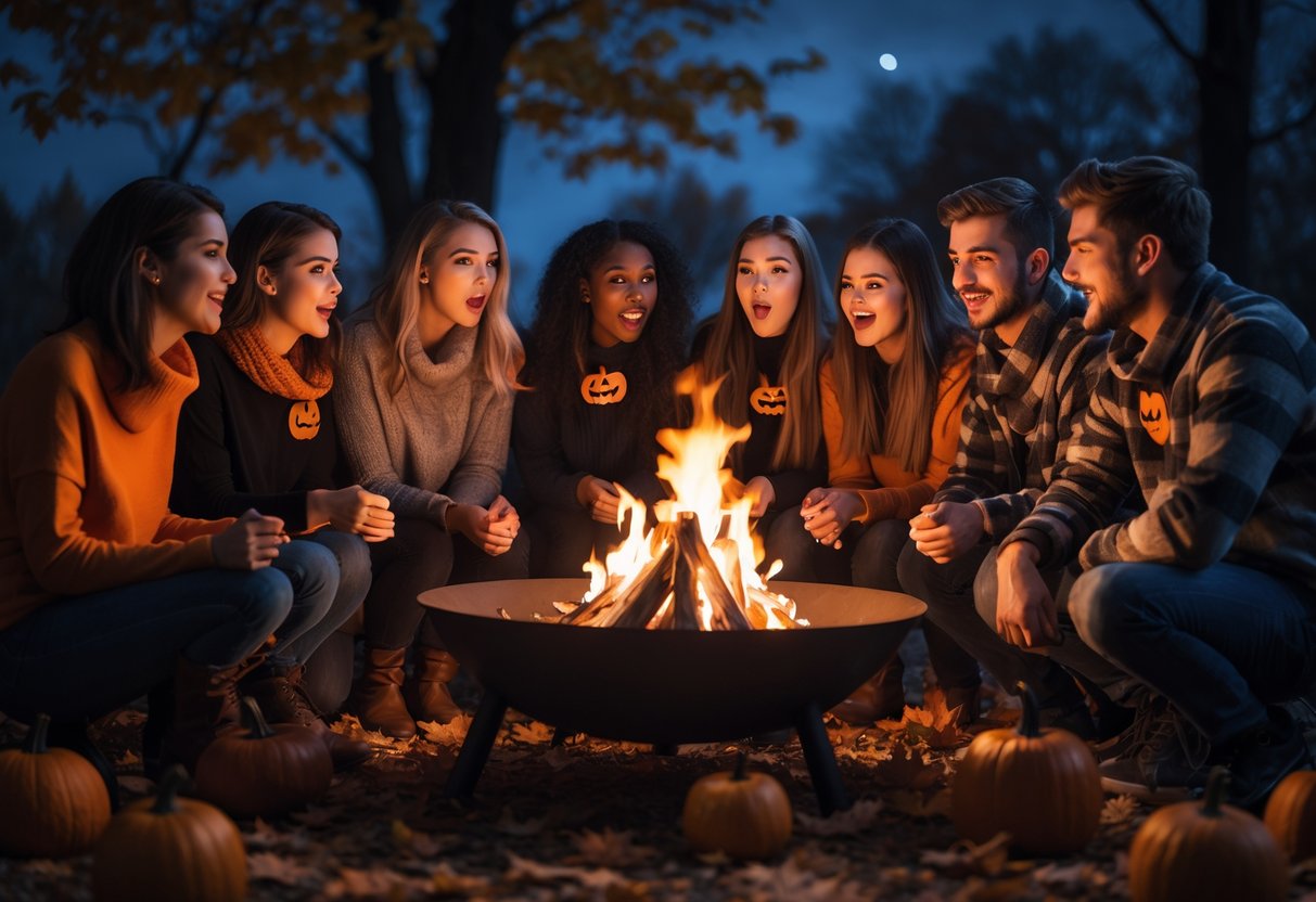 A group of young adults sitting around a fire pit at night, sharing scary stories outdoors.
