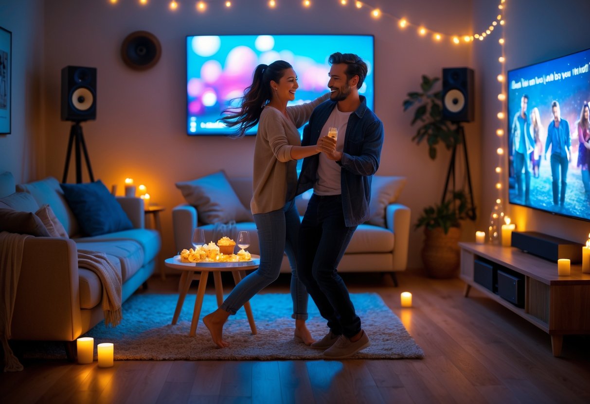 A couple dancing together in a cozy living room with a TV, speakers, and snacks set up for a fun date night.