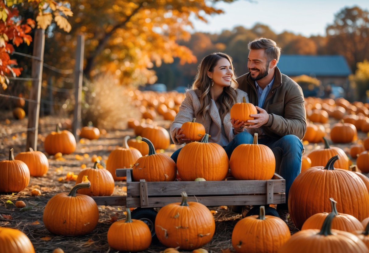 A couple happily picking pumpkins together in a pumpkin patch surrounded by autumn leaves.