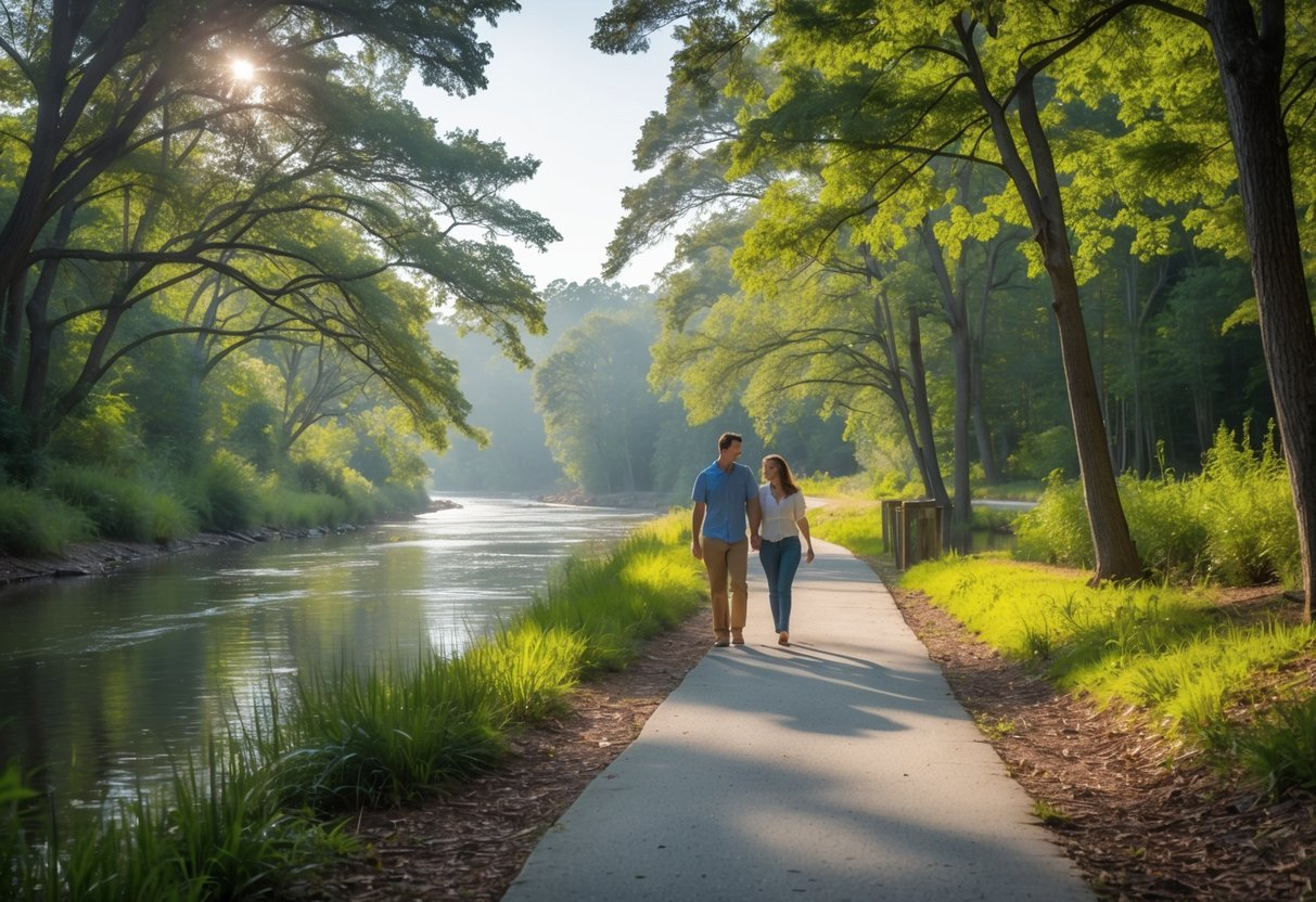 A couple walking hand in hand on a trail beside a river surrounded by green trees and sunlight.