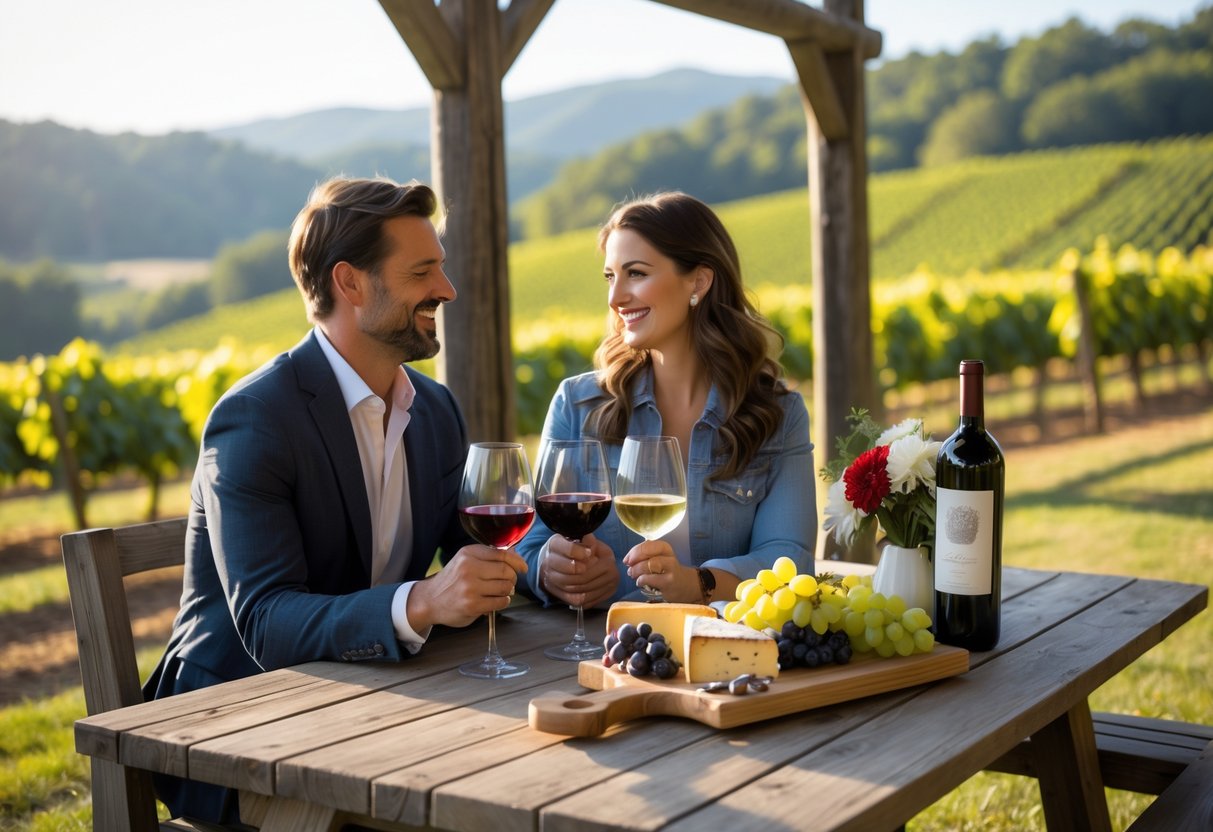 A couple enjoying wine tasting together at an outdoor table in a vineyard with hills in the background.