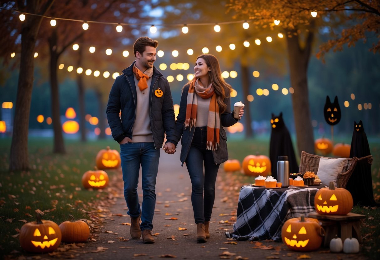 A young couple walking hand in hand along a leaf-covered path at dusk, surrounded by glowing pumpkins and autumn decorations.