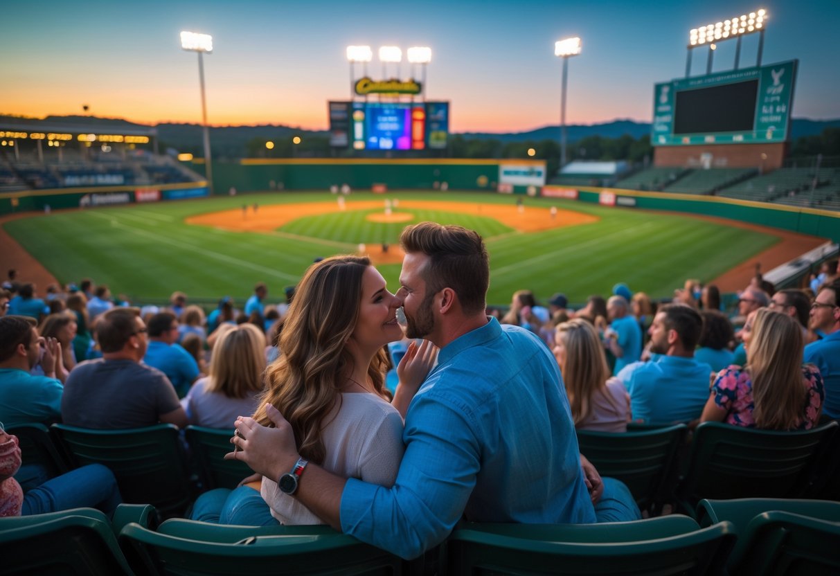A couple enjoying a concert together at an outdoor baseball stadium filled with a lively crowd during sunset.