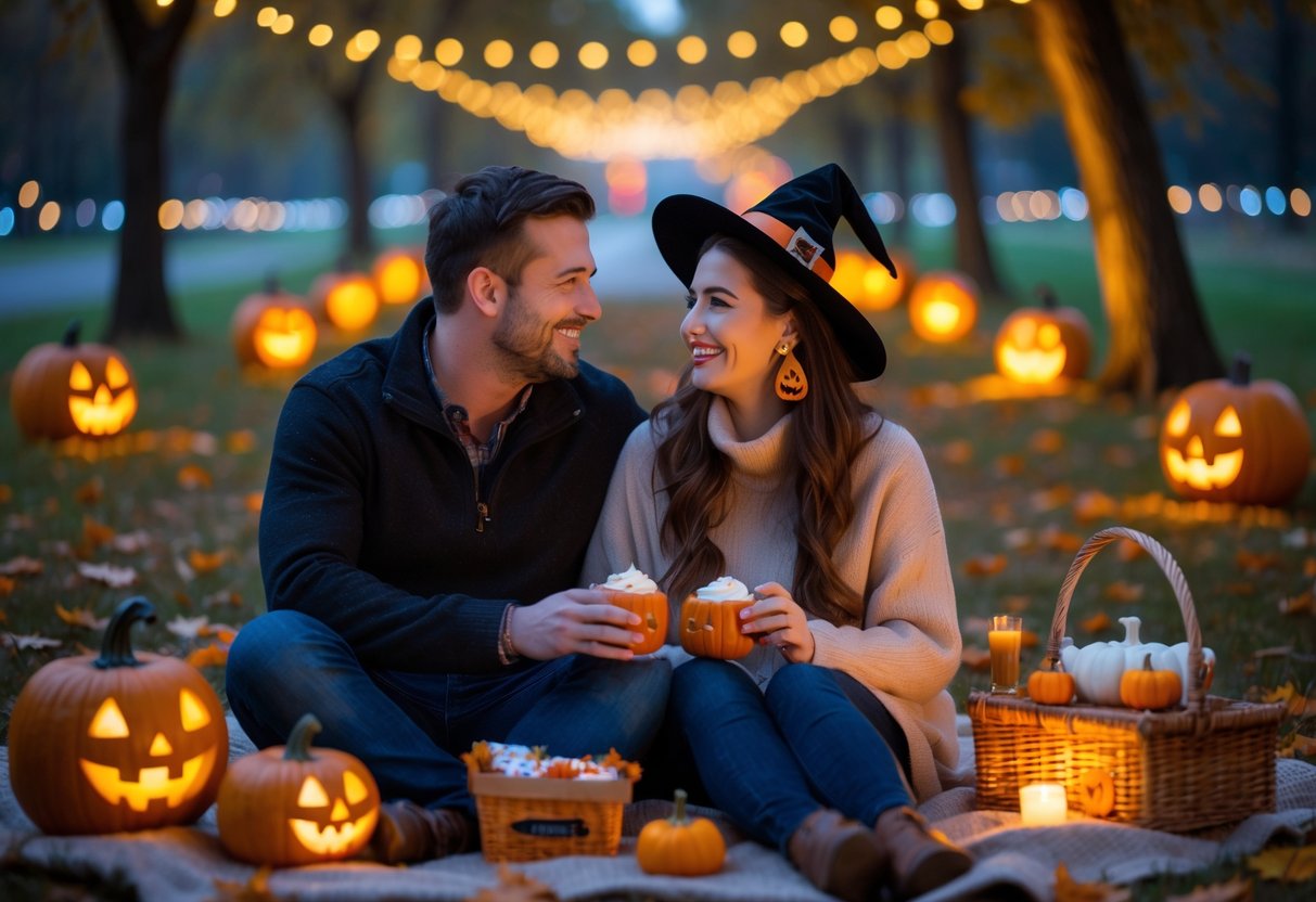 A couple sitting on a blanket outdoors at night surrounded by glowing jack-o'-lanterns and autumn leaves, enjoying a cozy Halloween-themed date.