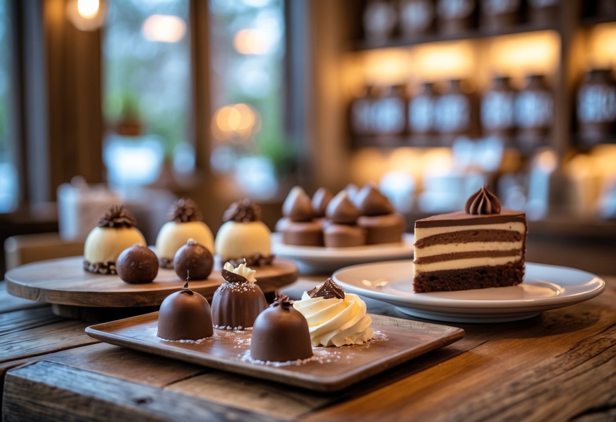 A table with various chocolate desserts in a cozy café setting.