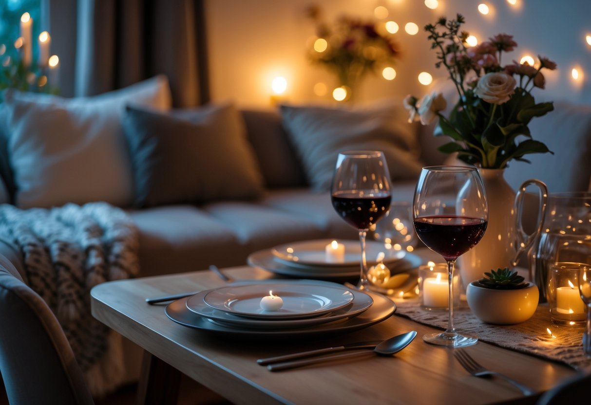A warmly lit dining table set for two with candles and wine in a cozy living room decorated for a romantic evening.