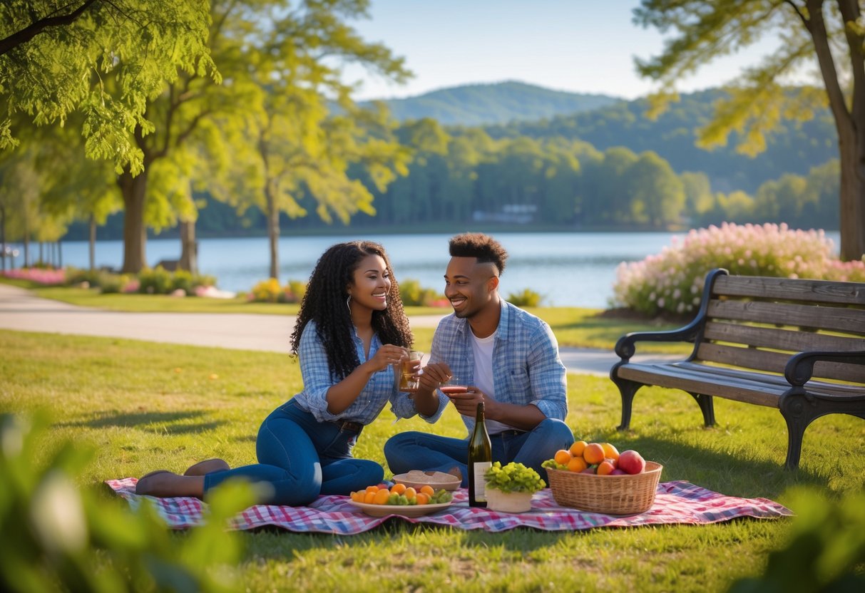 A young couple enjoying a picnic in a green park near a lake with trees and hills in the background.