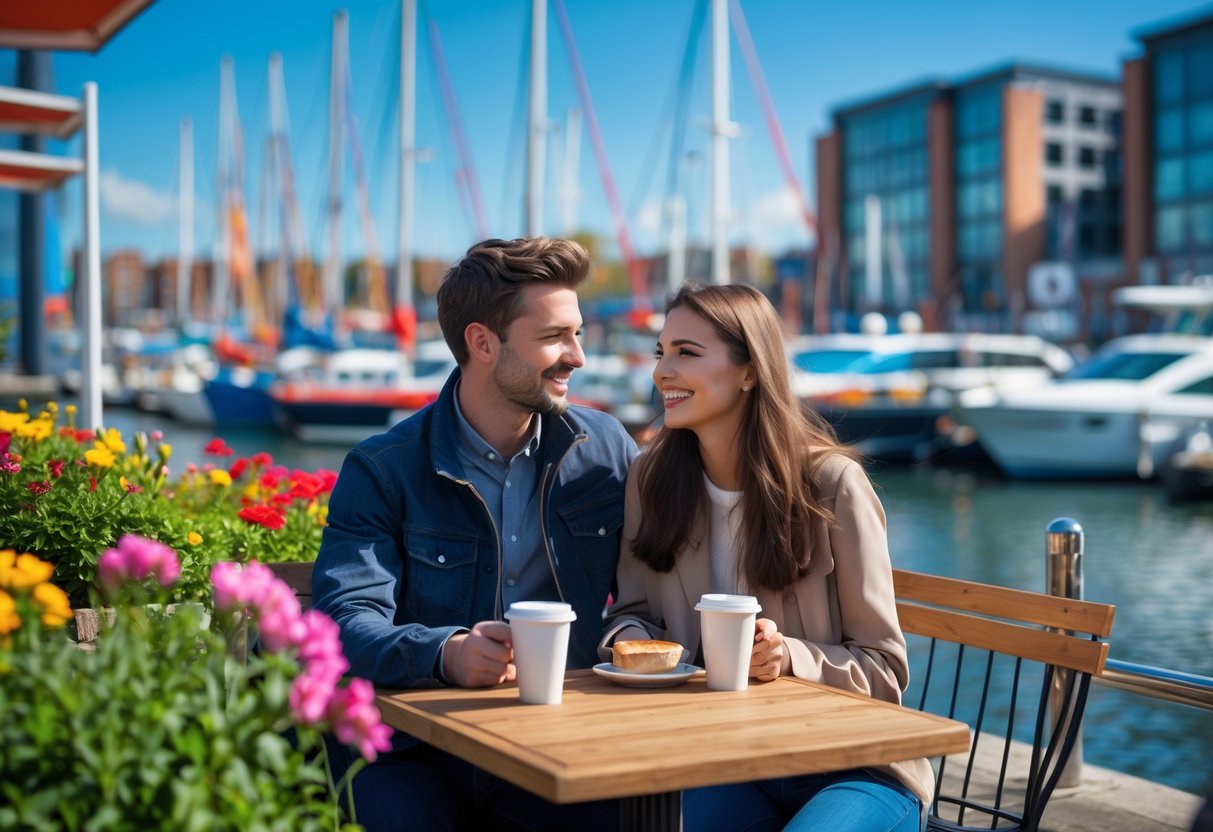 A young couple enjoying coffee at an outdoor café near a marina with boats and waterfront buildings in Hull.