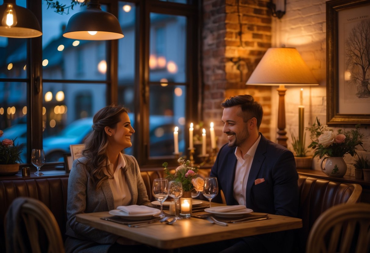 A couple enjoying a cozy dinner at a warmly lit restaurant table for two.