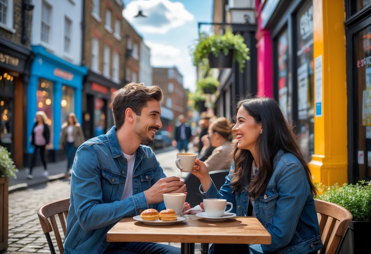 A young couple sitting at an outdoor café in Shoreditch, London, smiling and enjoying coffee with street art and shops in the background.