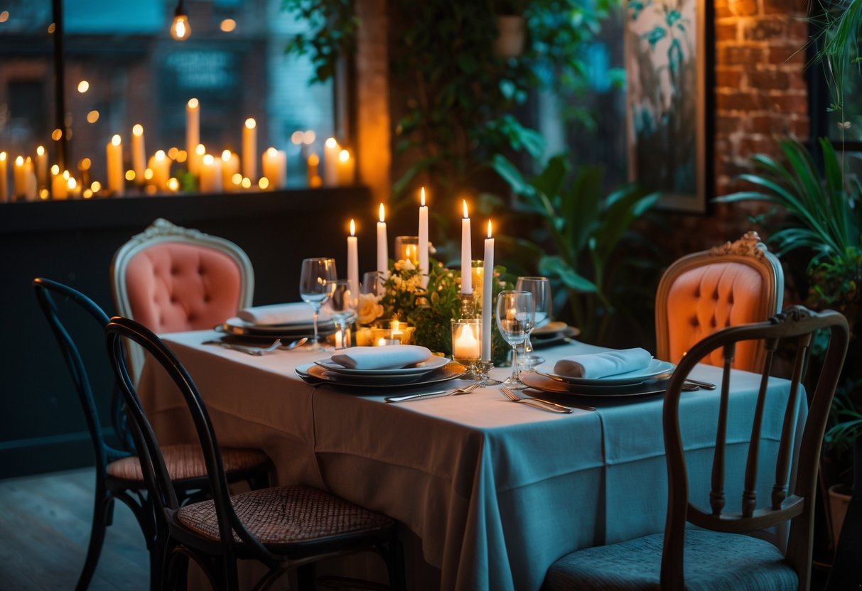 A cozy table set for two with candles and elegant tableware in a stylish, warmly lit room.