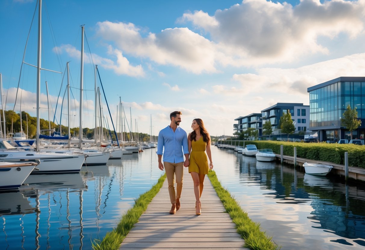A couple walking hand in hand along a wooden boardwalk by boats docked in a marina with waterfront buildings and greenery in the background.