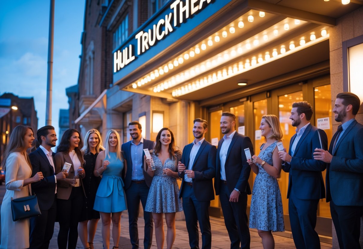 Couples and friends gathered outside a brightly lit theatre entrance in the evening, preparing to attend a show.