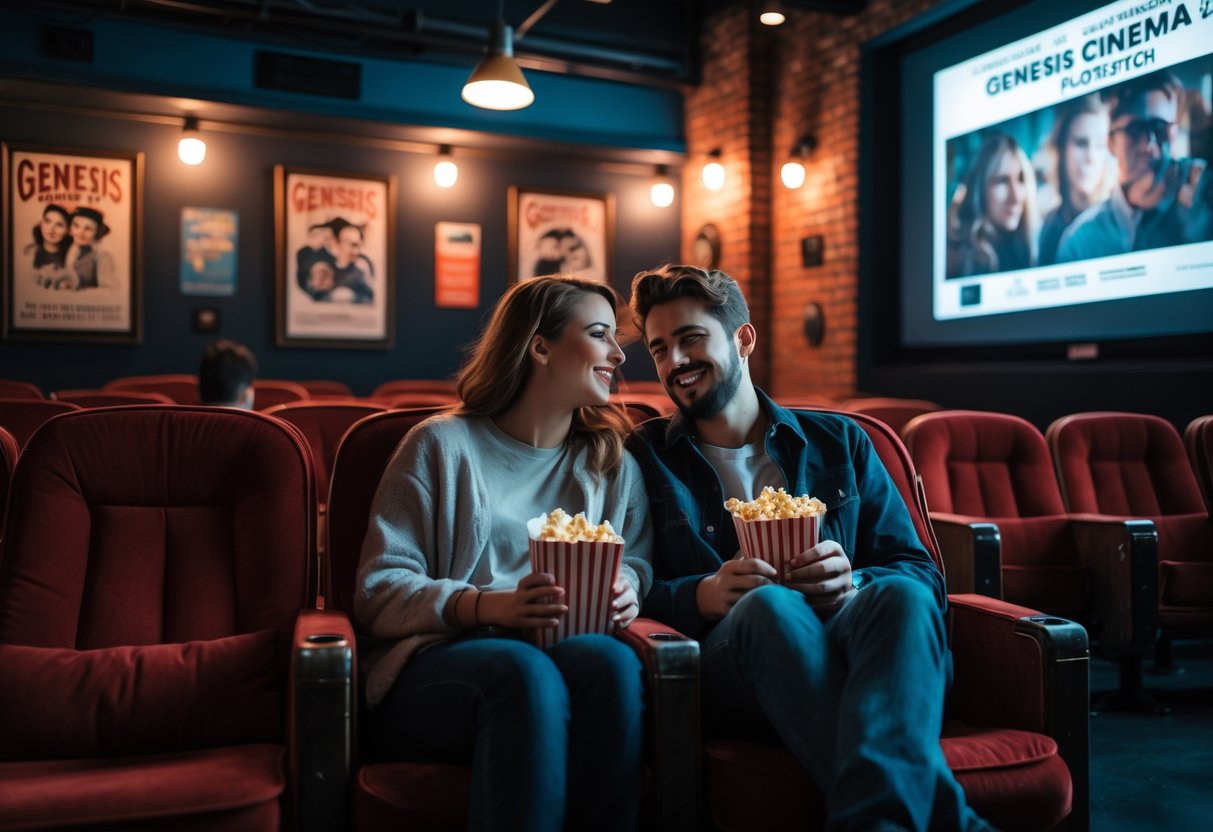 A young couple sitting together inside a cozy cinema watching a movie.