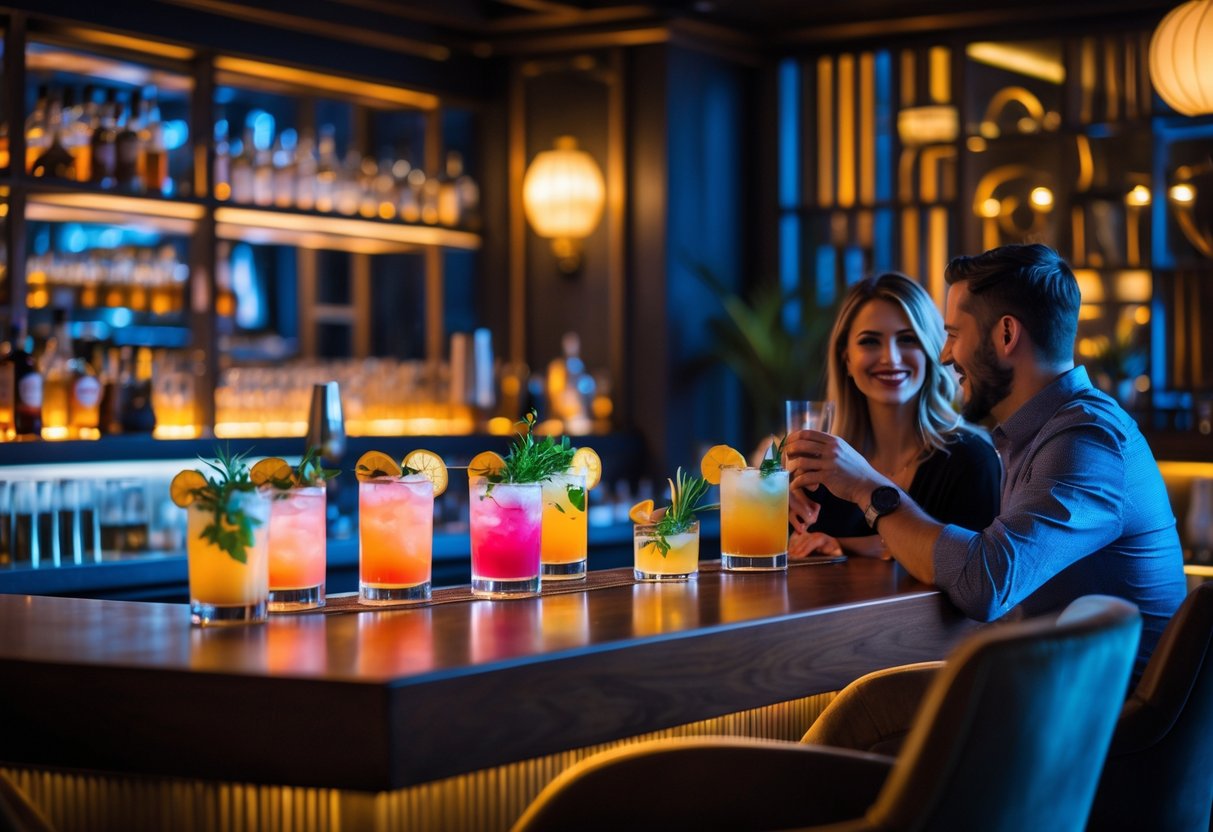 A couple enjoying colorful cocktails at a stylish lounge bar with warm lighting.