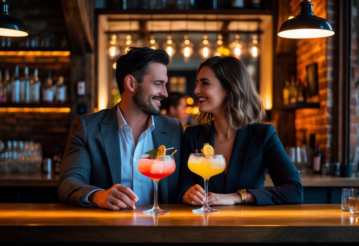 A couple enjoying cocktails together at a cozy bar with warm lighting and vintage decor.
