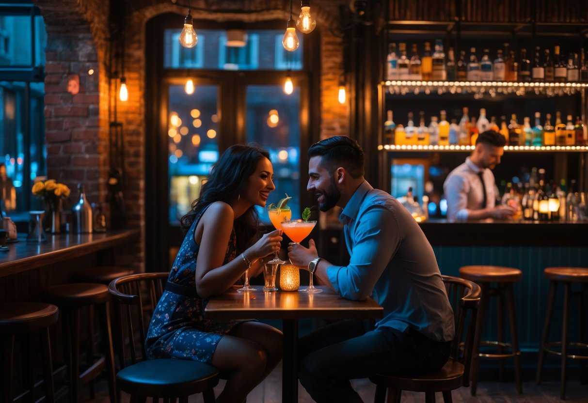 A couple enjoying cocktails together at a cozy, dimly lit cocktail bar with exposed brick walls and warm lighting.