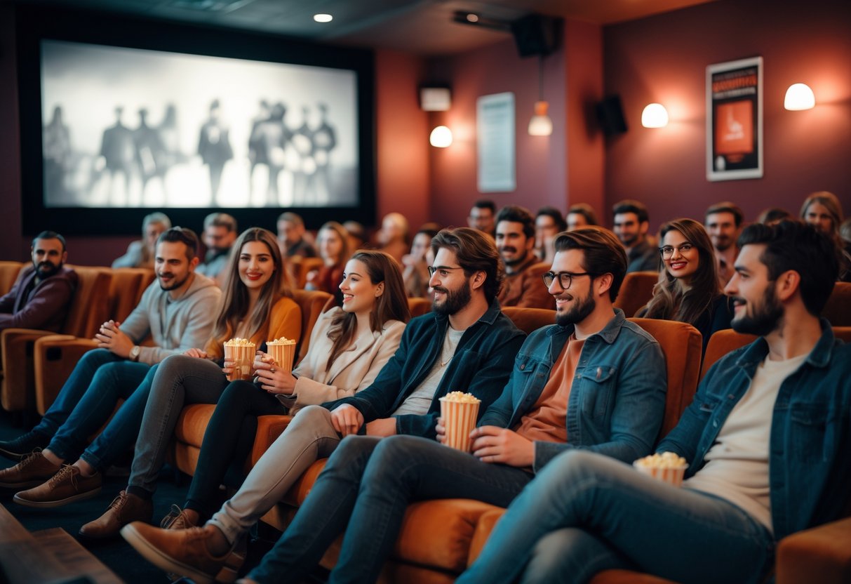 People sitting in a cozy cinema auditorium watching an independent film, enjoying snacks and drinks.