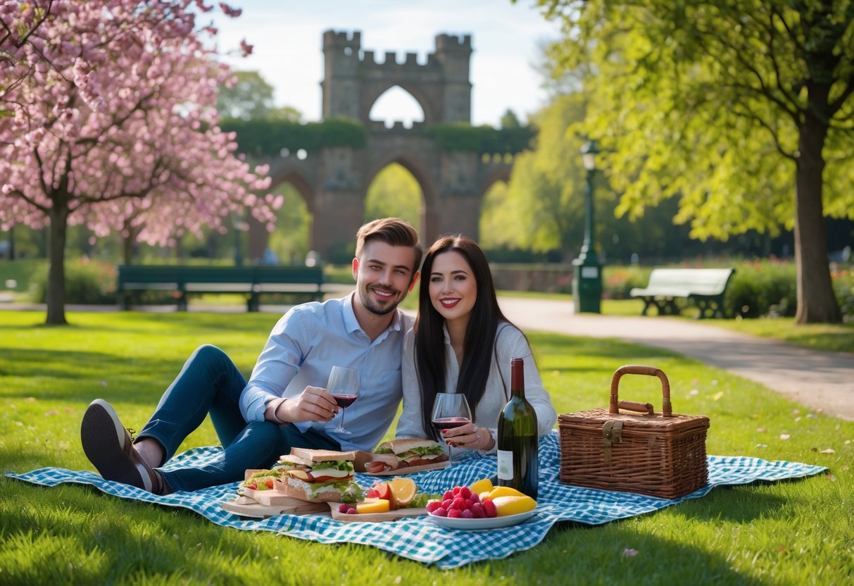 A young couple enjoying a picnic on a blanket in a green park with trees and flowers, with historic park buildings in the background.