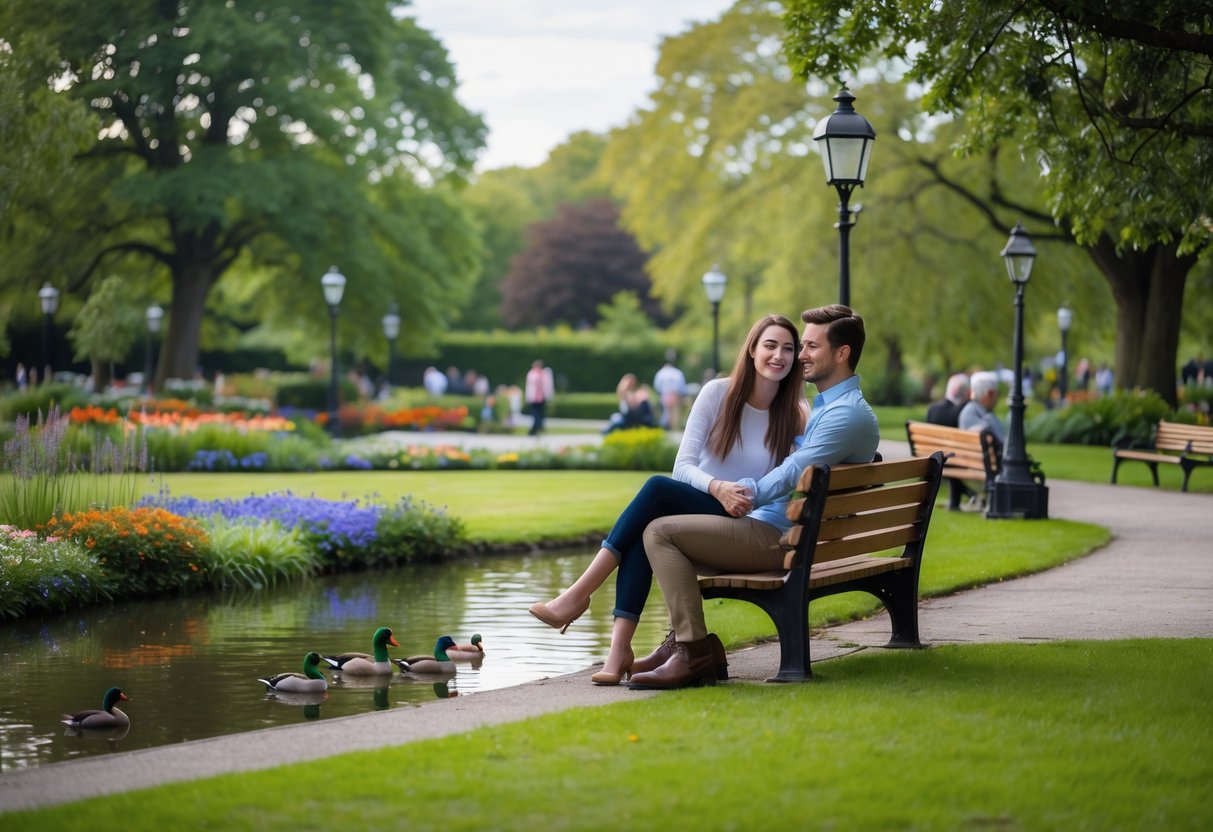 A young couple sitting on a bench by a pond in a lush garden park, surrounded by trees and flowers, enjoying a peaceful moment together.