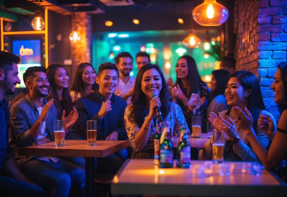 People enjoying karaoke night at a lively bar with colorful lights and a person singing on stage.