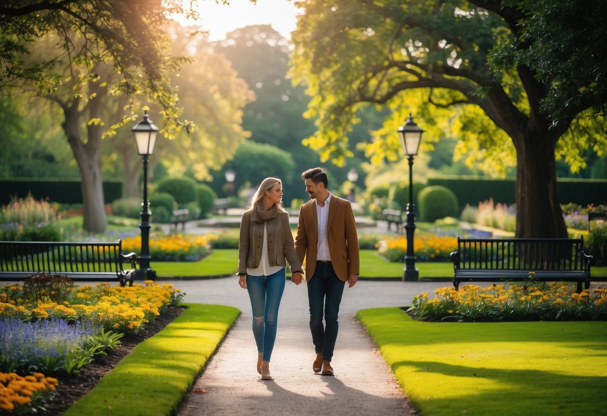 A couple walking hand in hand along a path in a lush, green garden with flowers and trees around them.