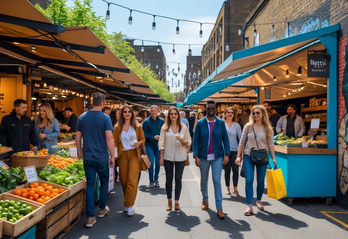 People walking and browsing food and market stalls at a busy outdoor market in Shoreditch on a sunny day.
