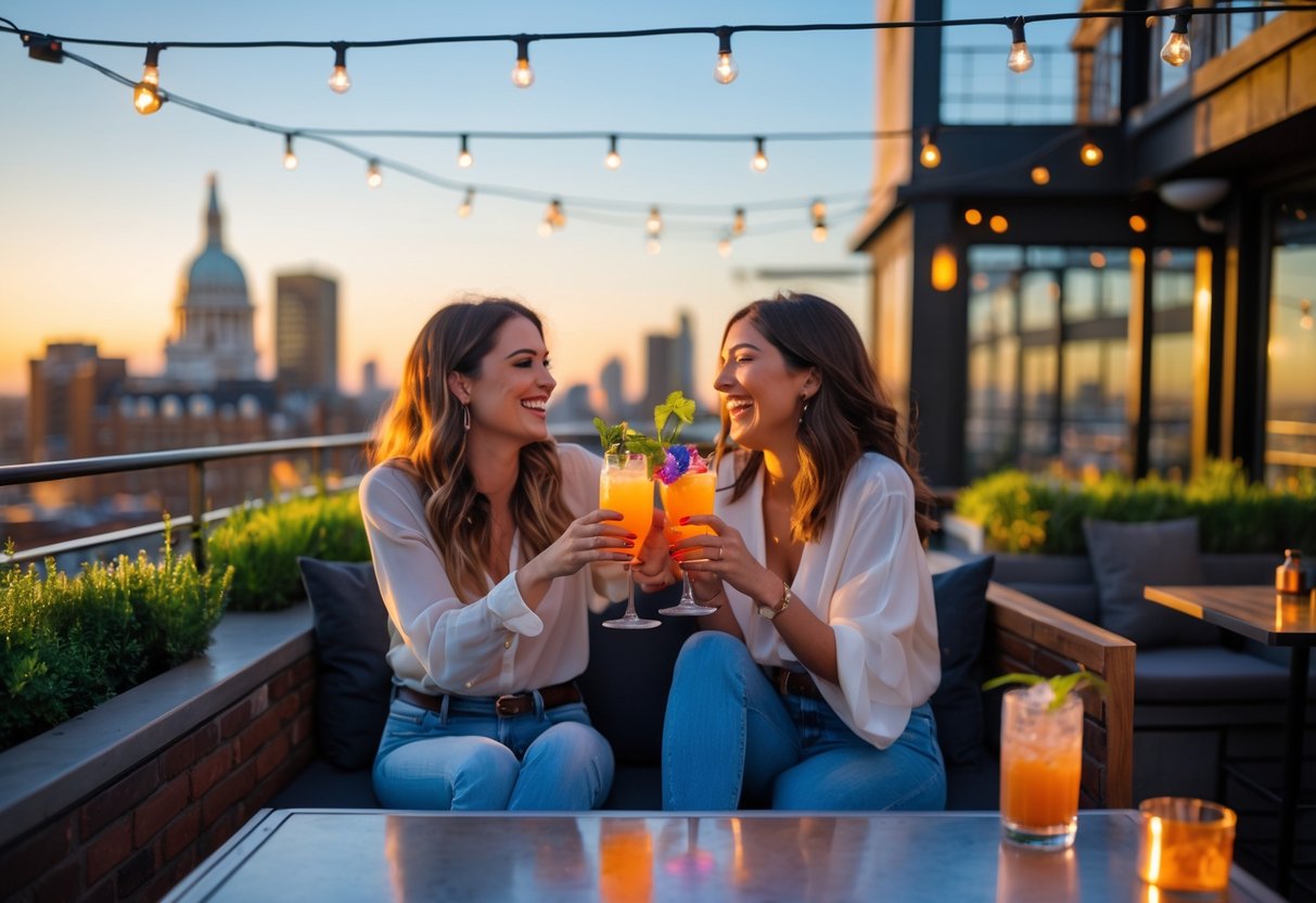 A couple enjoying drinks together on a rooftop with city views and outdoor seating.