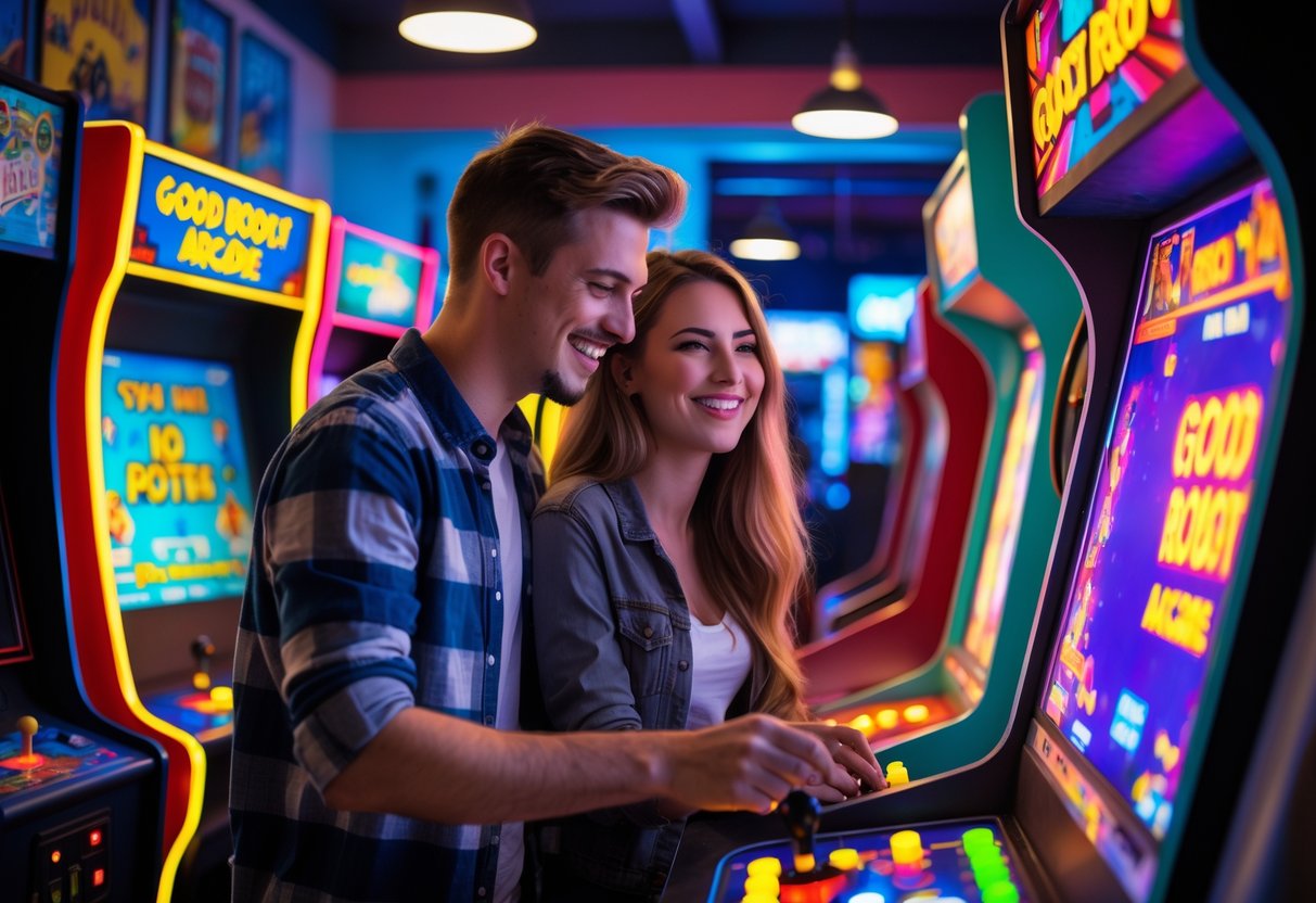 A young couple playing retro arcade games together inside a brightly lit arcade filled with vintage game machines.