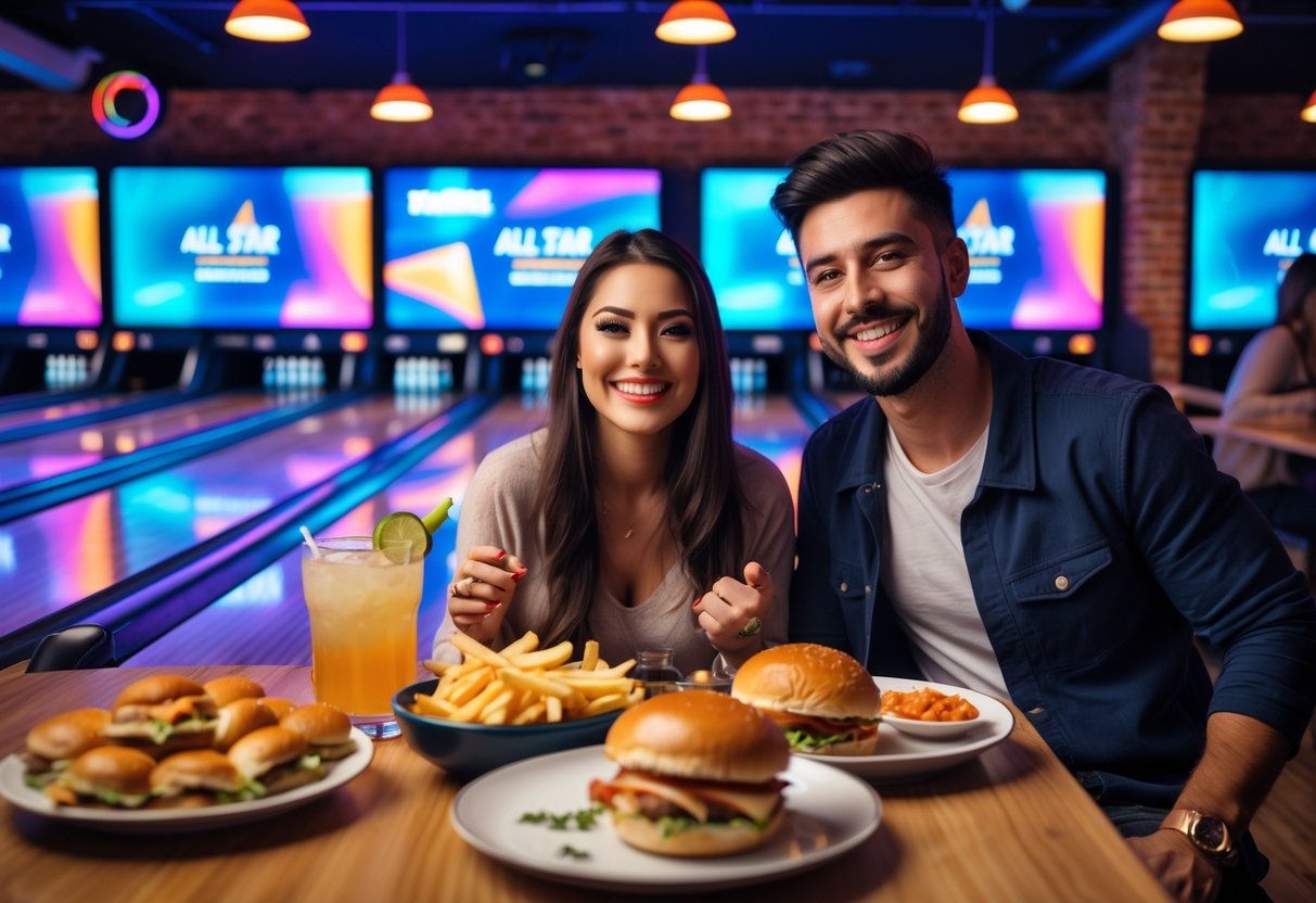 A young couple playing bowling and enjoying food at a modern bowling alley with neon lights and exposed brick walls.