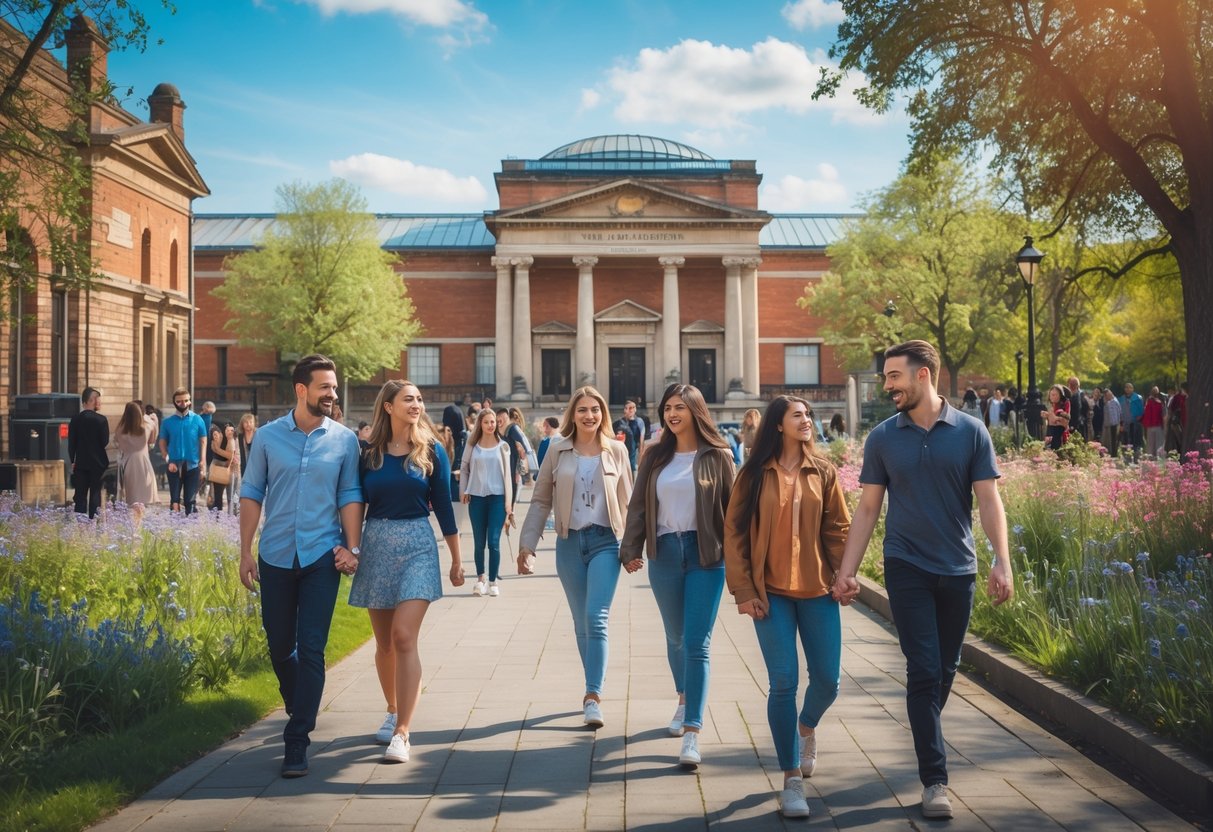 Couples and friends walking and enjoying a sunny day outside the New Walk Museum and Art Gallery in Leicester.