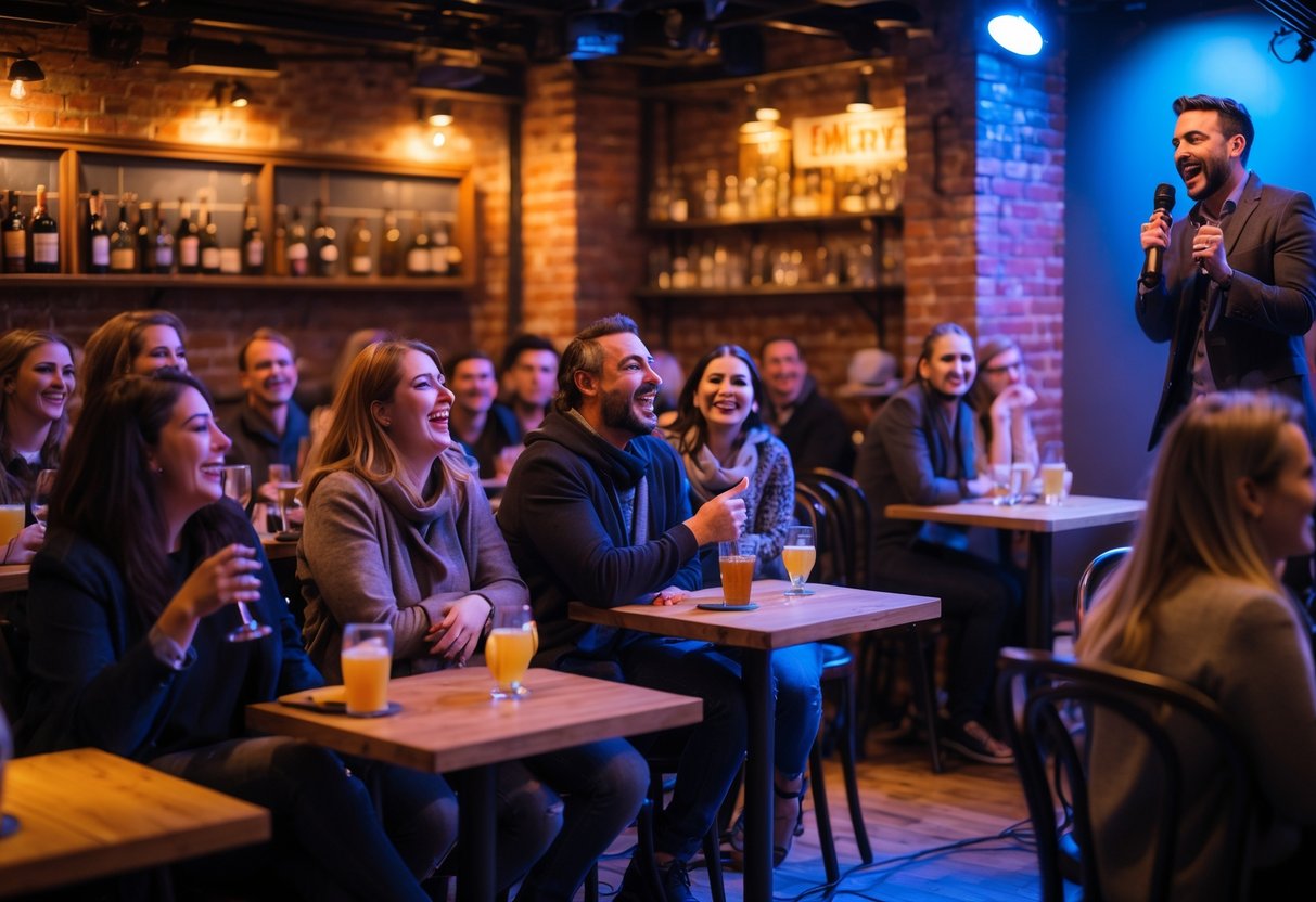 A comedian performing on stage at a comedy café with an audience seated at tables laughing and enjoying the show.