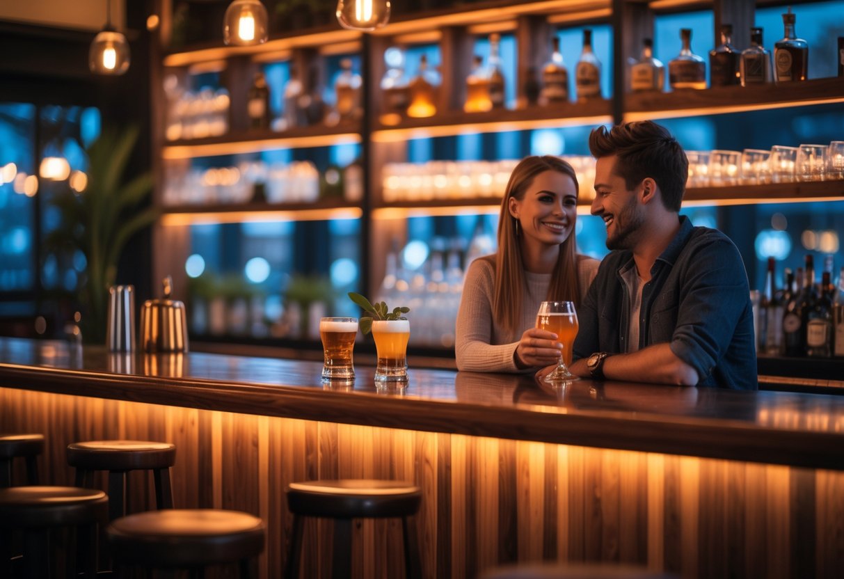 A young couple enjoying drinks and conversation at a cozy bar counter in a warmly lit bar.