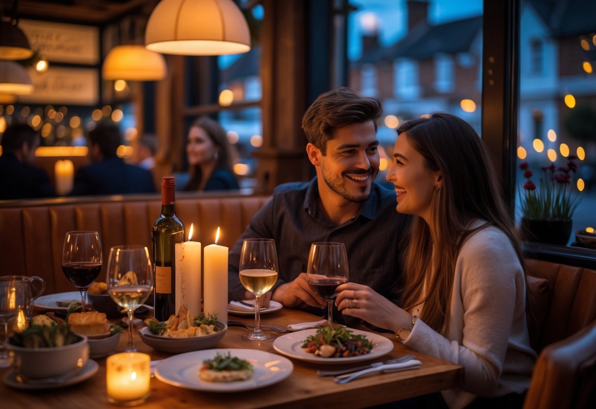 A couple enjoying dinner and drinks together at a warmly lit restaurant table.