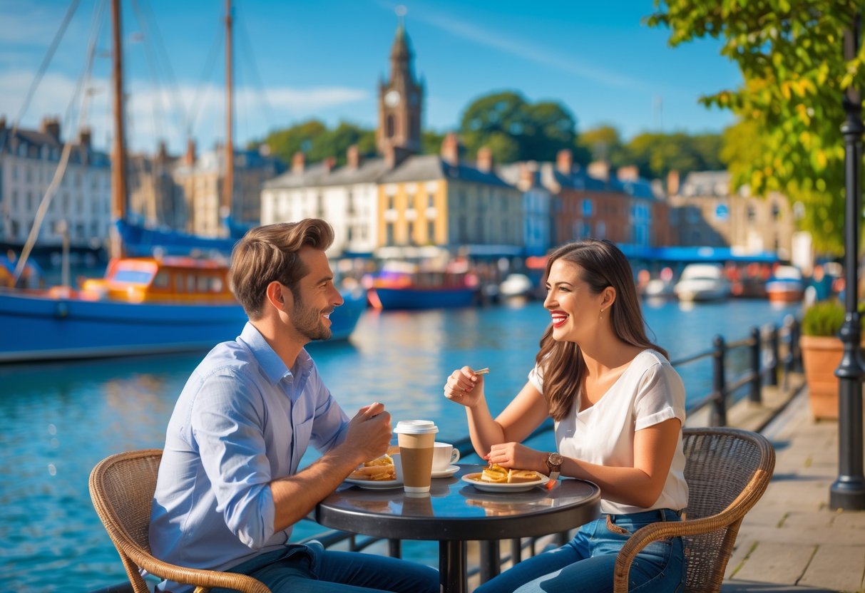 A young couple sitting at an outdoor café by Hull Marina, smiling and enjoying a sunny day with boats and historic buildings in the background.