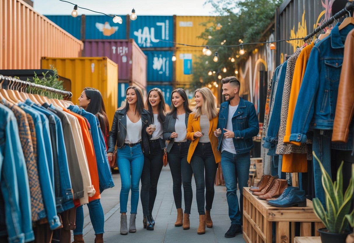 People browsing vintage clothing and accessories at an outdoor pop-up mall with colorful containers and street art in the background.