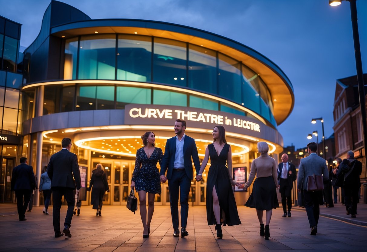 A couple walking hand in hand toward the illuminated entrance of Curve Theatre in Leicester during the evening.