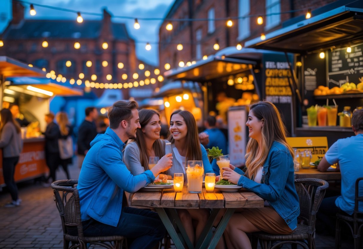 Couples enjoying street food and drinks at outdoor tables in a lively evening setting at The Exchange in Leicester.