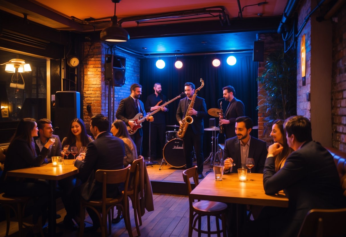 Couples and friends enjoying live jazz music inside a cozy, warmly lit venue with exposed brick walls and vintage decor.