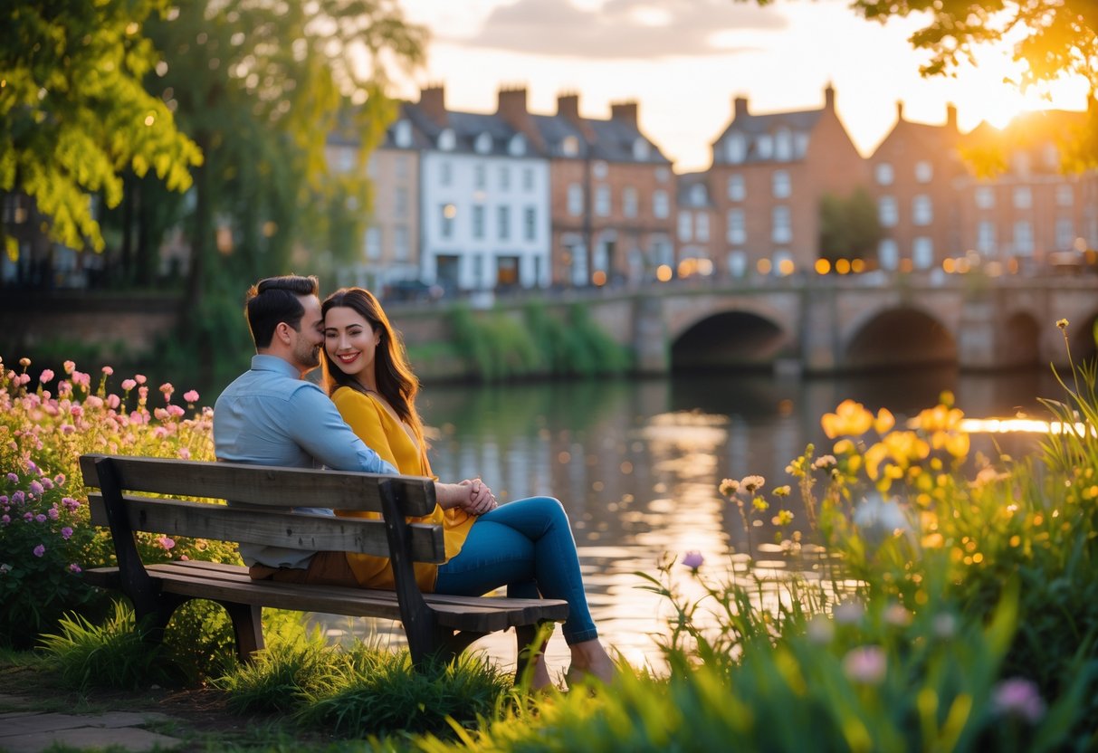 A couple sitting on a wooden bench by a riverside surrounded by greenery and flowers, with historic buildings in the background.