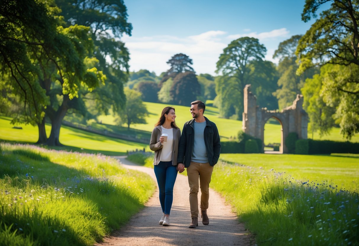 A couple walking along a path in a green park with trees and ruins in the background, one holding a coffee cup.