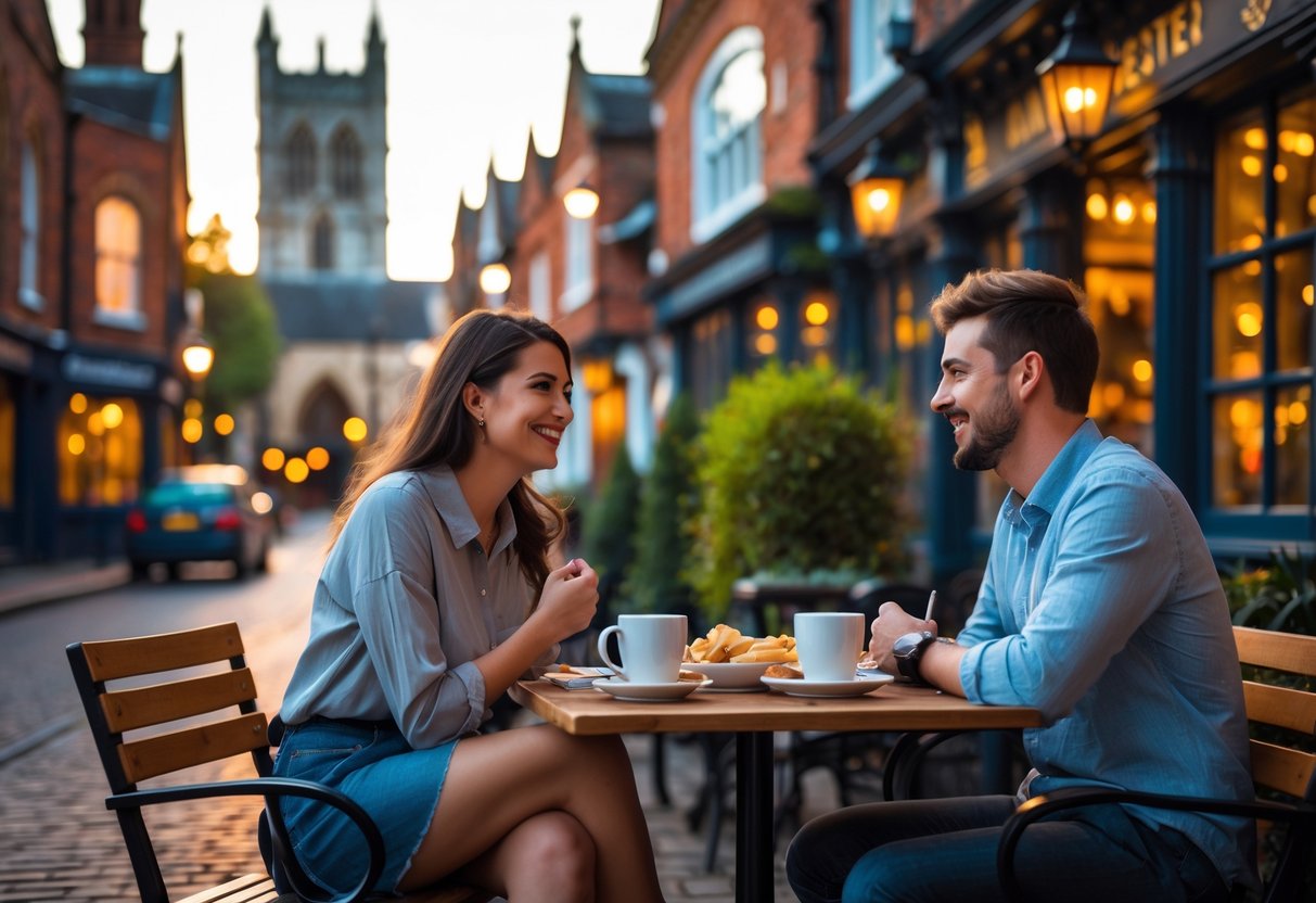 A young couple sitting at an outdoor café table near historic buildings in Leicester, enjoying a relaxed and happy moment together.
