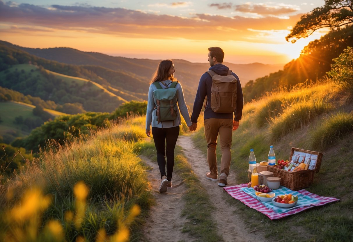A couple hiking on a trail at sunset with packed snacks set up nearby in a natural outdoor setting.