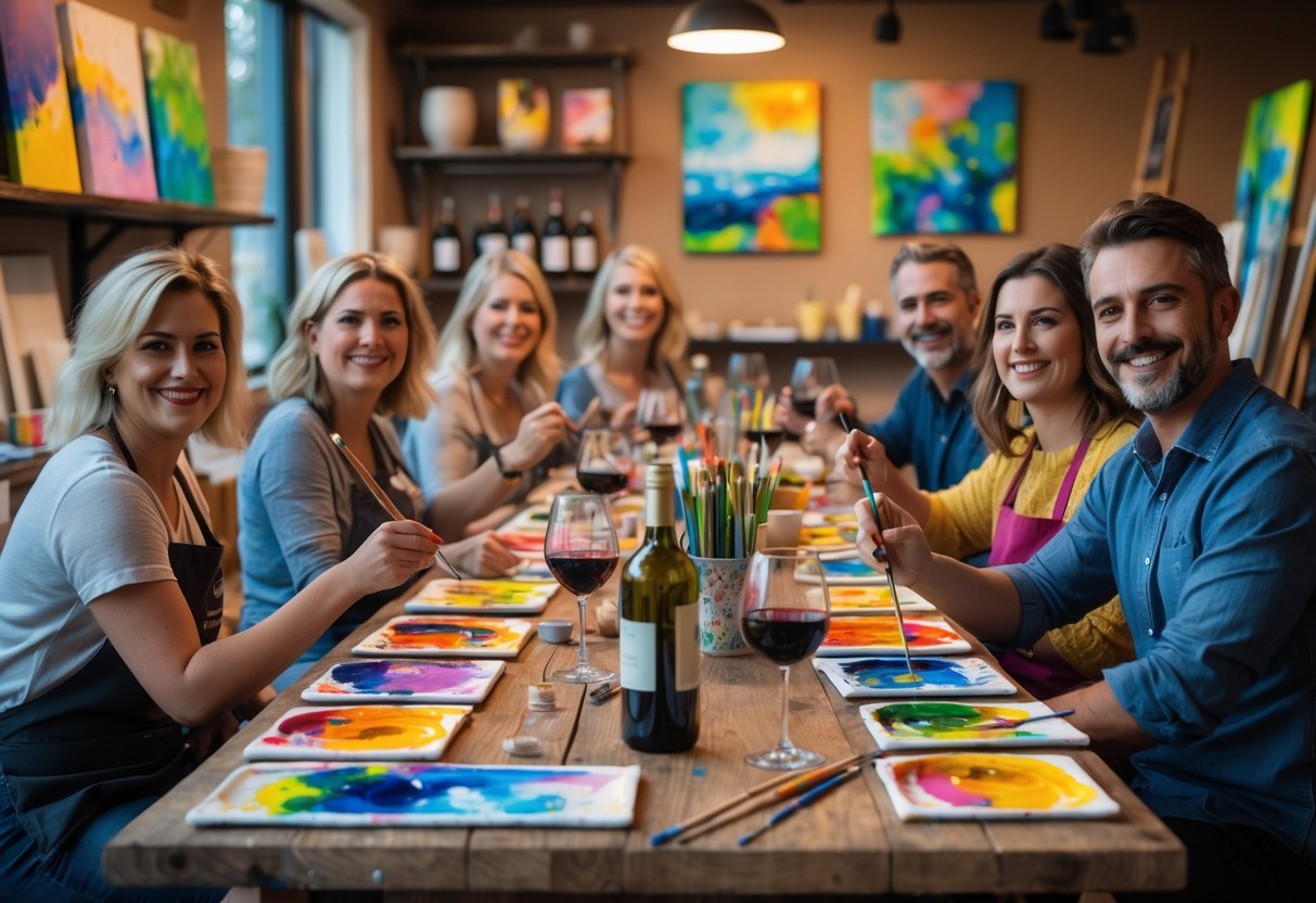 A group of adults painting on canvases and drinking wine together around a table in an art studio.
