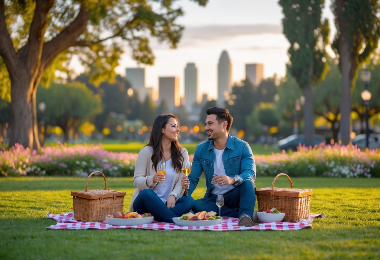 A young couple having a picnic in a green park with the Sacramento city skyline in the background during sunset.