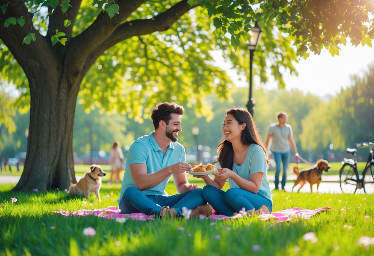 A young couple sitting on a picnic blanket in a park, sharing a meal and smiling under a large tree on a sunny day.